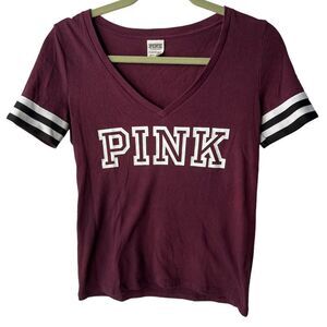 PINK by Victoria’s Secret t-shirt. White PINK logo Striped Sleeve Detail size XS